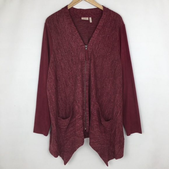 LOGO Lori Goldstein Women’s Asymmetric Cardigan Sweater Size L Maroon Full Zip - Picture 2 of 11